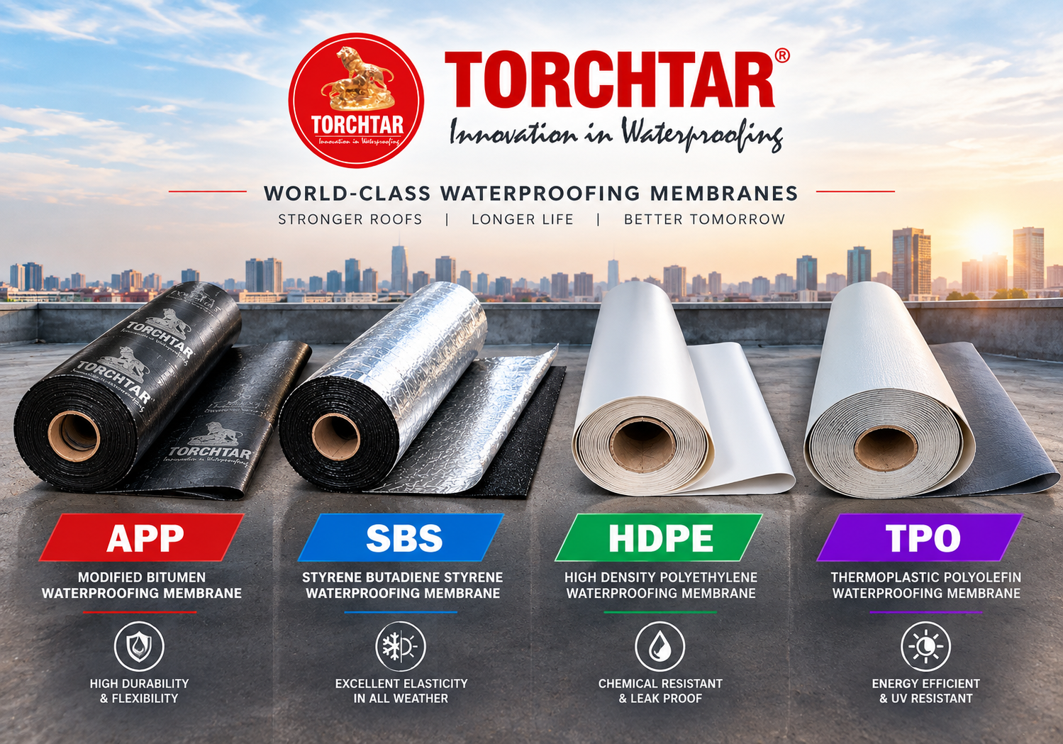 Torchtar APP, SBS, HDPE and TPO waterproofing membranes